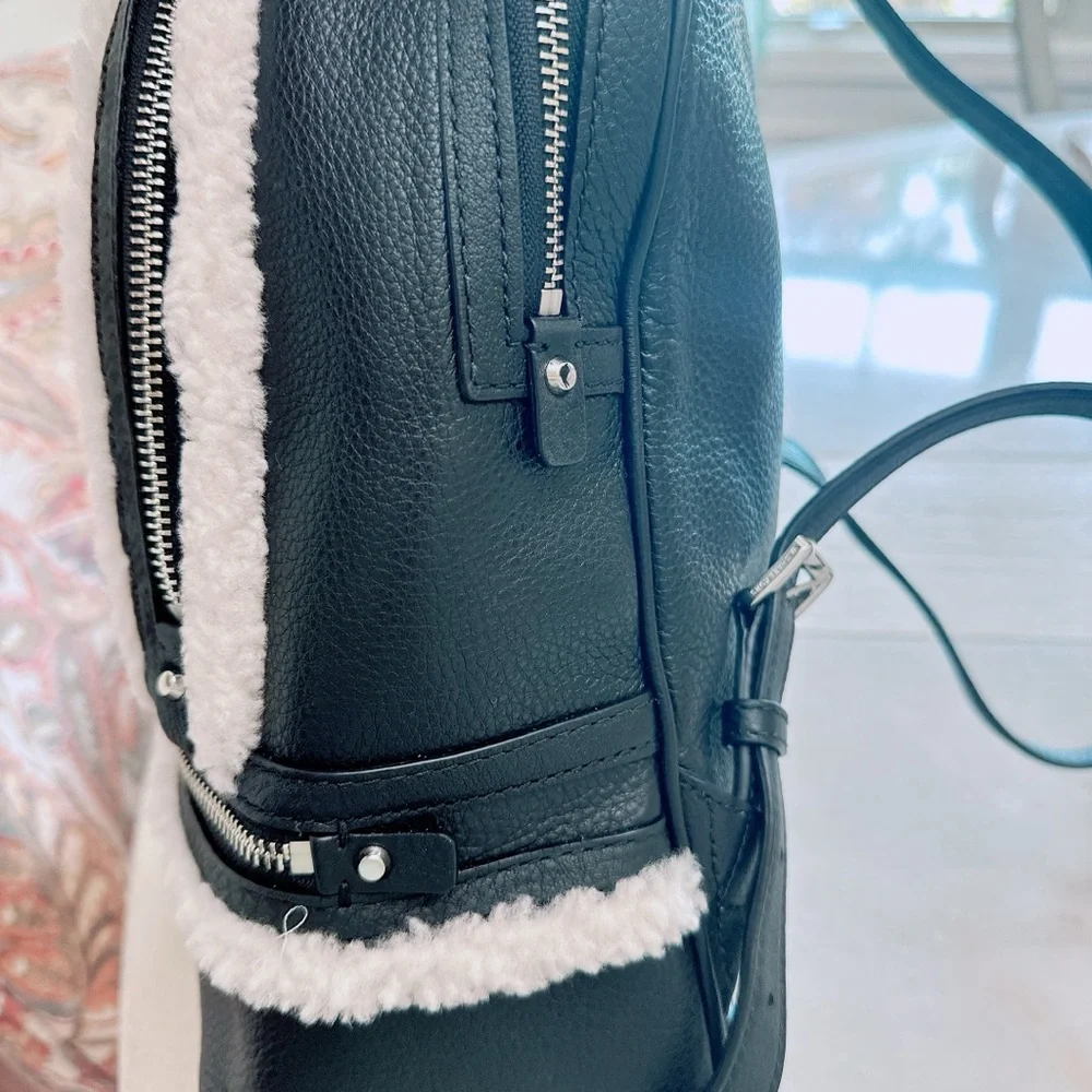 - MICHAEL KORS RHEA ZIP MEDIUM BACKPACK BLACK LEATHER NATURAL SHEARLING/NWT - Picture 13 of 15